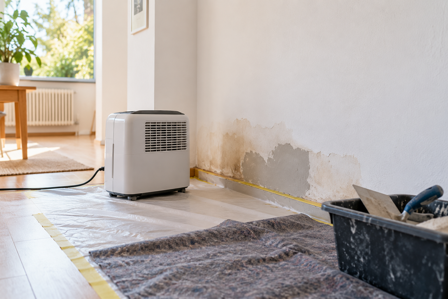 Bildbeispiel eines Wasserschadens an einer Wand mit vorbereiteten Ausbesserungsarbeiten
