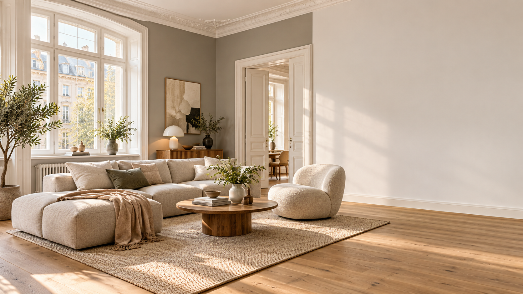 Renoviertes Wohnzimmer mit heller Einrichtung und ruhigen Wandfarben